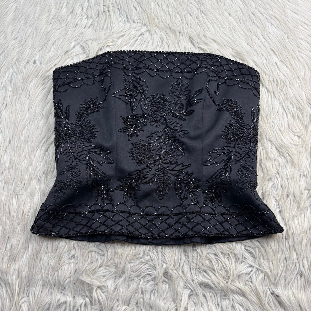 Black Tie Oleg Cassini Women's S Black Satin Floral Beaded Strapless Blouse